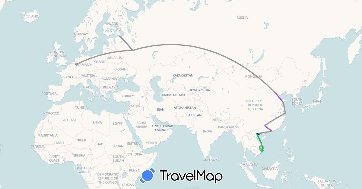 TravelMap itinerary: driving, bus, plane, train, boat in China, Germany, Hong Kong, Russia, Vietnam (Asia, Europe)
